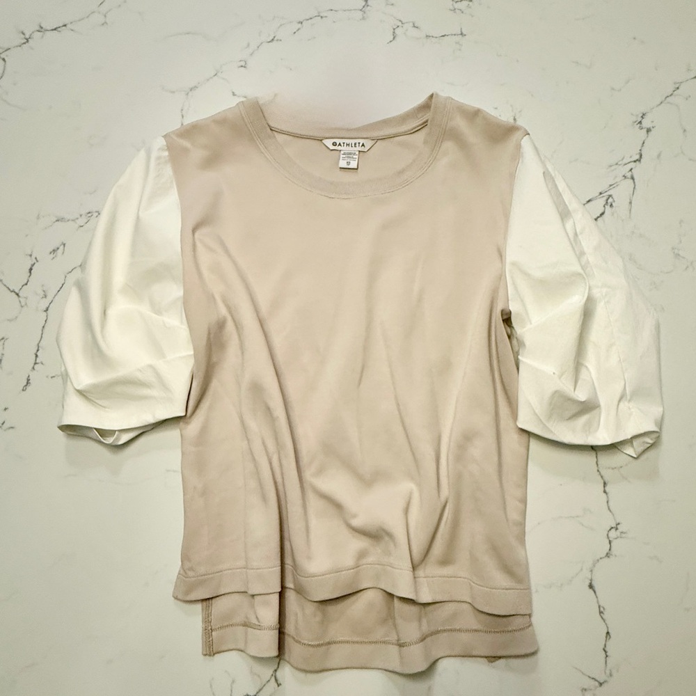 Athleta Beige Knit Top with White Puff Sleeves